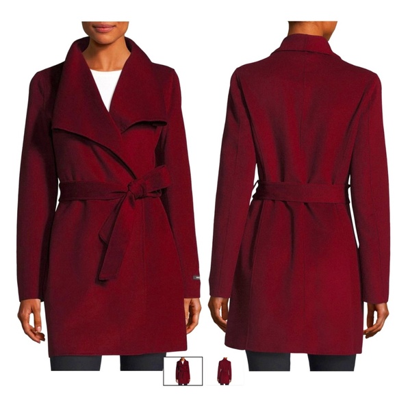 T TAHARI Ella Shawl Collar Wool-Blend Wrap Coat Burgundy Sz XS - Picture 4 of 11